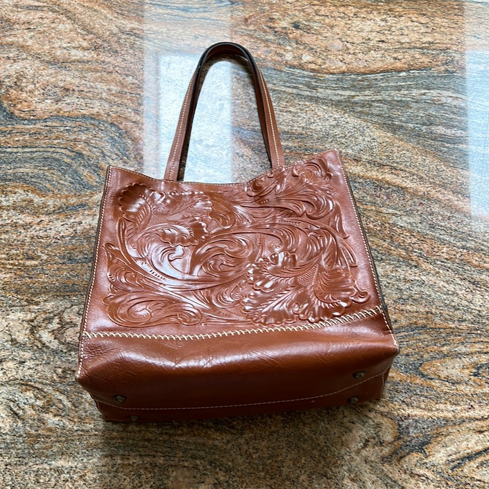 Patricia Nash Toscano North South tooled floral, brown leather tote